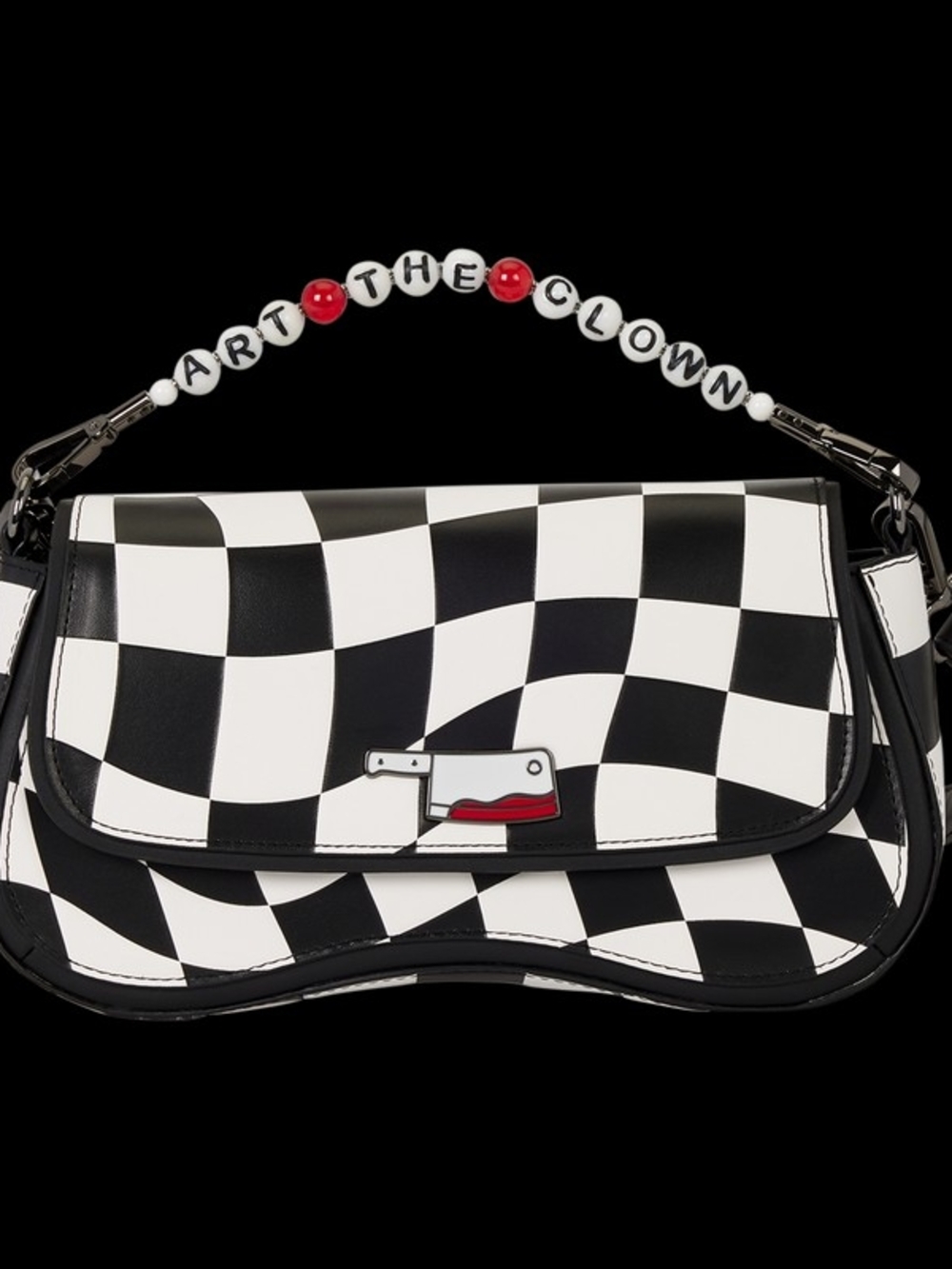 Black & White Checkered Shoulder Bag with Beaded Handle
